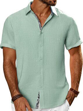 Men's Light Green Button Down Short Sleeve Casual Textured Beach Wedding Shirt